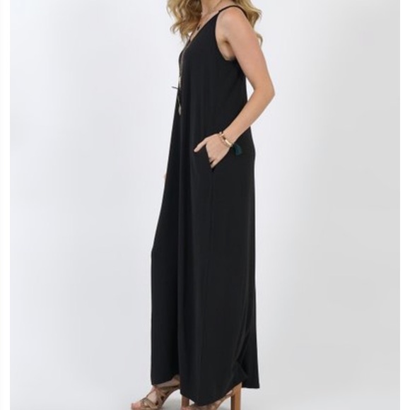 BLACK adjustable spaghetti strap maxi dress with pockets Large L Extra Large XL - Picture 6 of 8